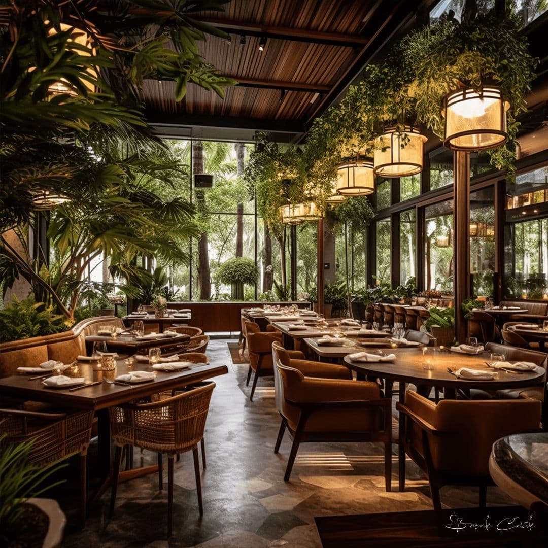 The verdant, light-filled dining room at Aura Kitchen and Bar